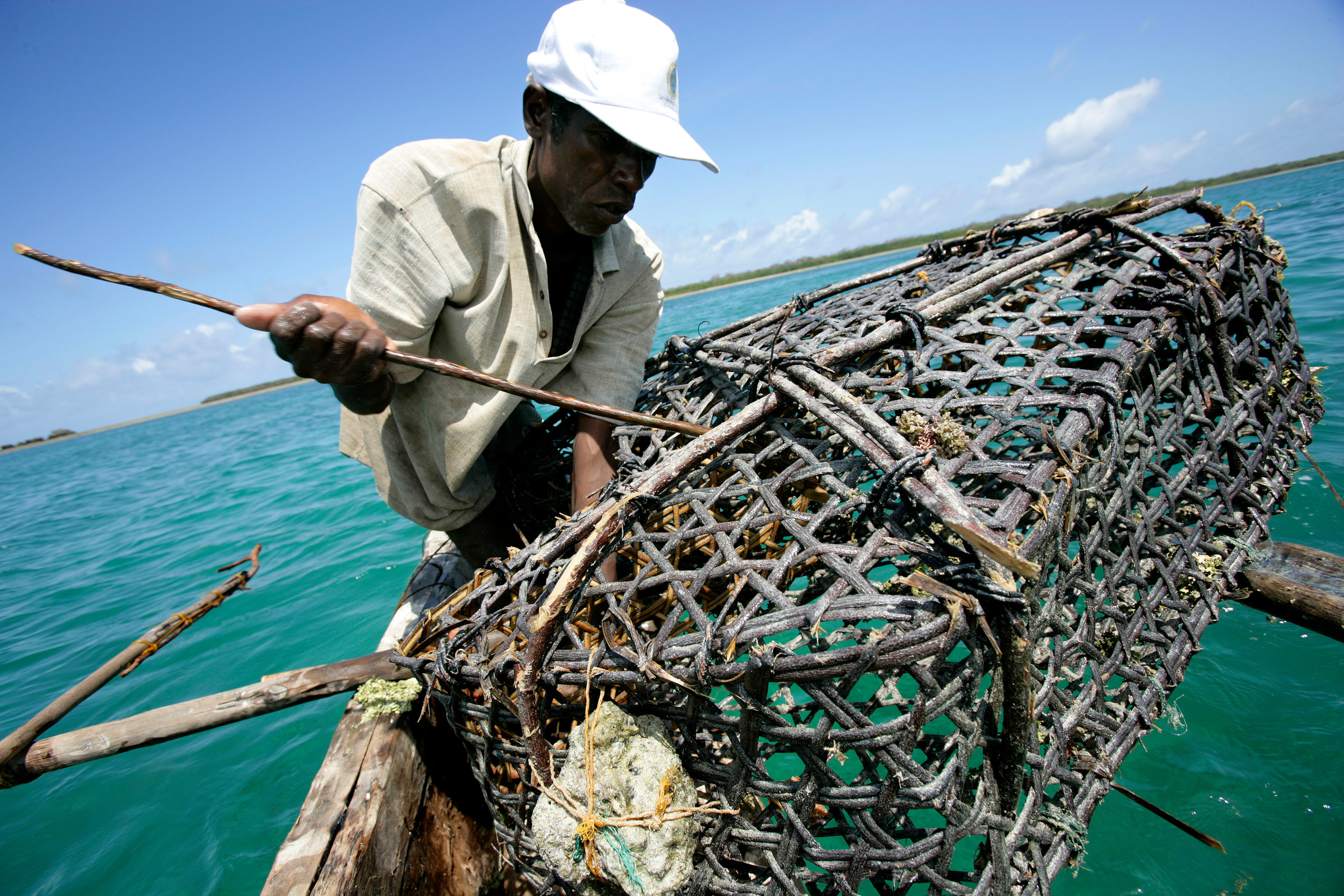Un pescatore posizionata una trappola per pesci in riserva marina Mafia Islanda in Tanzania