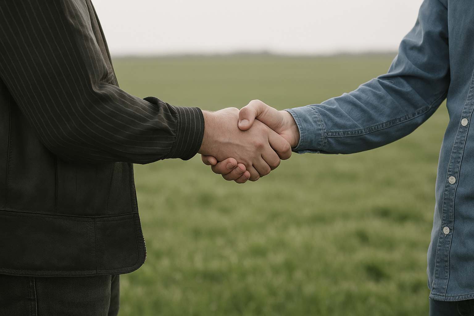 Zwei Bauern geben sich die Hände vor einem Feld