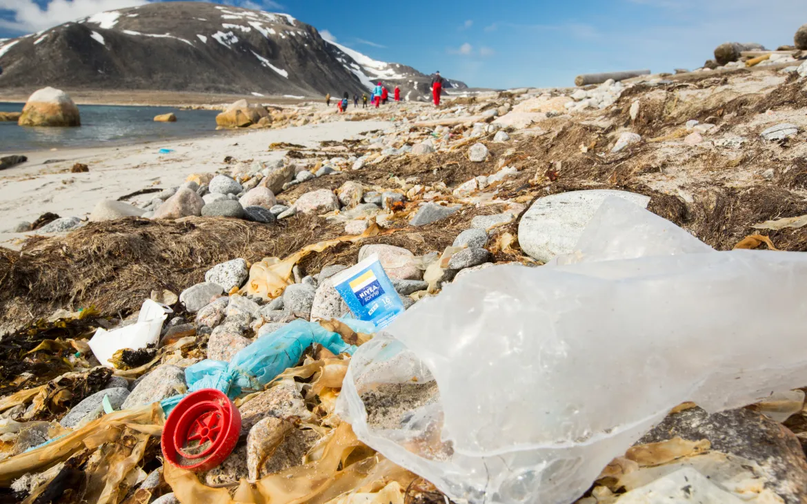 rifiuti di plastica su una spiaggia isolata, a circa 1000 chilometri dal Polo Nord