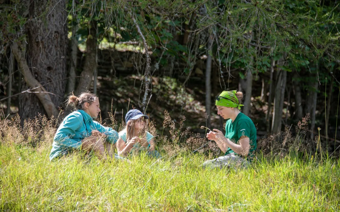 Eine Leiterin erklärt zwei Teilnehmenden die Natur im Alplager, Schweiz