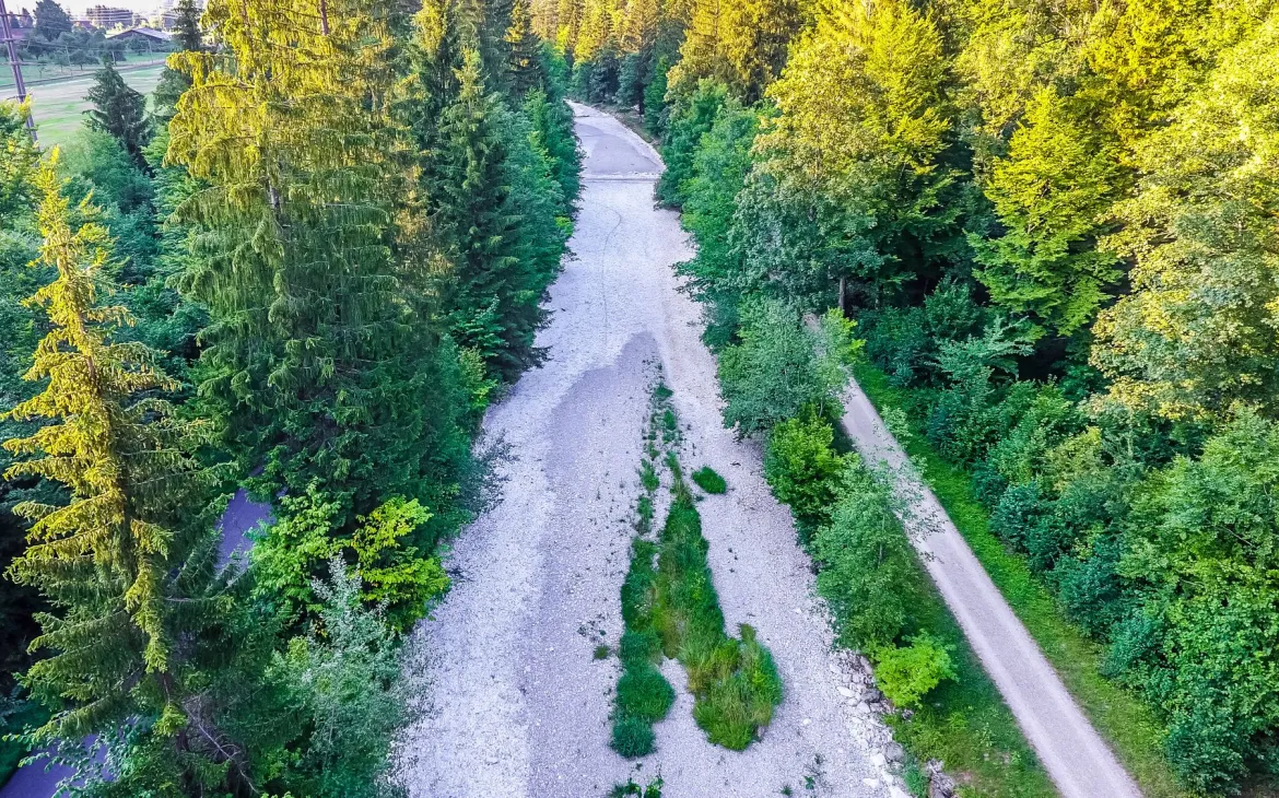 Bird view on dried up river Töss in canton Zurich