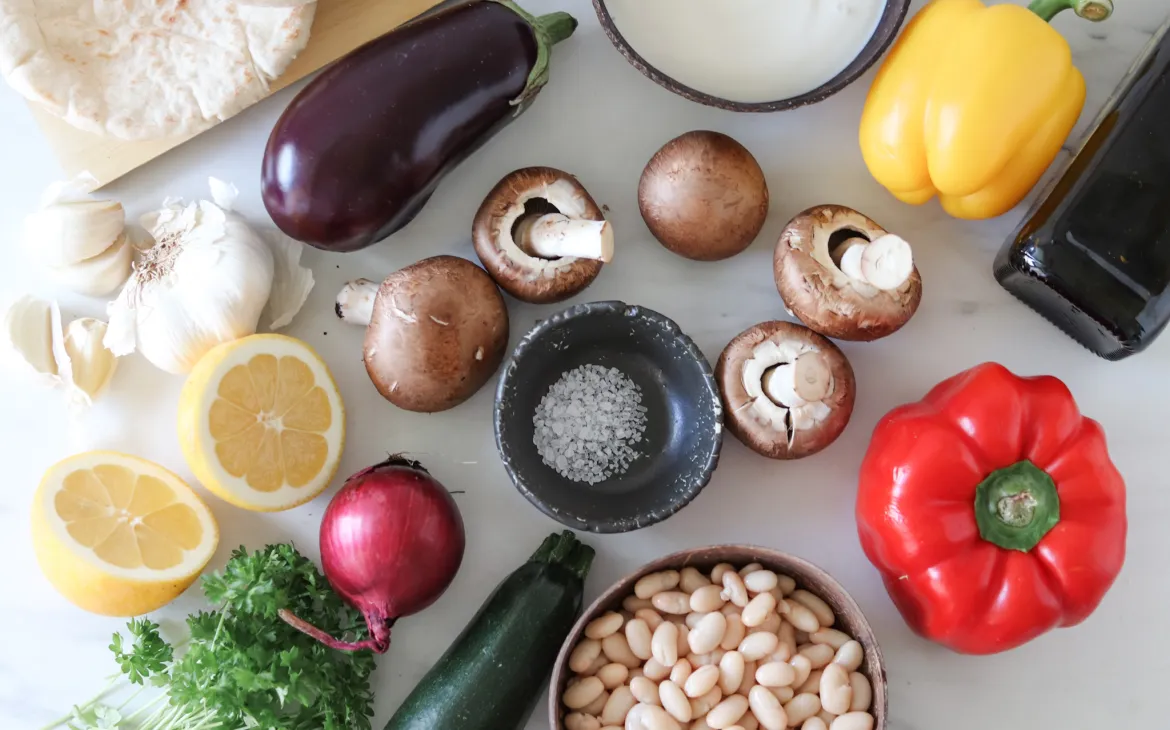 veg being laid out in preparation for cooking