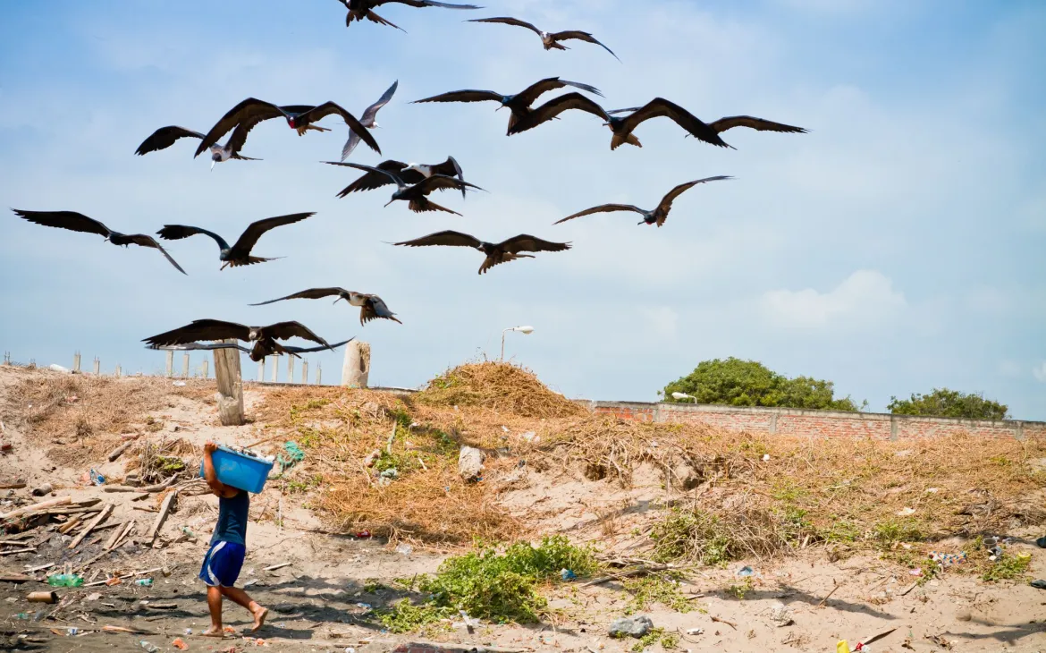 Mann läuft mit einer blauen Tonne auf dem Rücken während sich Vögel nähern um ihm die Fische zu stehlen