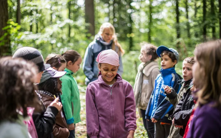 Schulkinder im Wald unterrichten