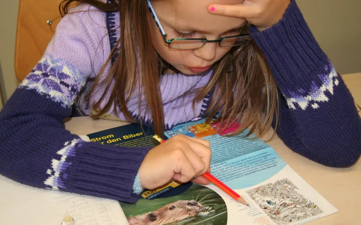 Konzentriertes Schulmädchen bei einem WWF-Schulbesuch