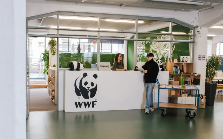 co-workers talking in an open office space