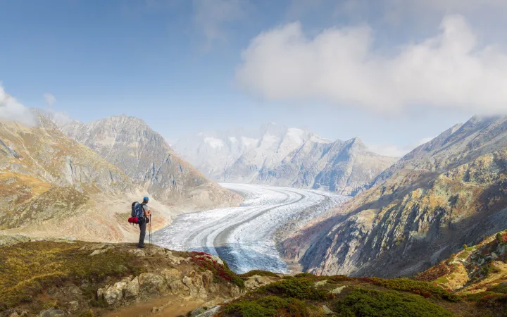 Automnal landscape view of a hiker contemplating the Aletsch glacier