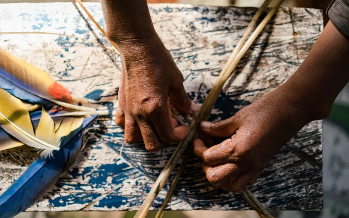 In La Chorrera, Colombian Amazon, Chela Umire weaves traditional crafts and, as an ESA team member, works with WWF to combine indigenous knowledge and science for forest conservation.