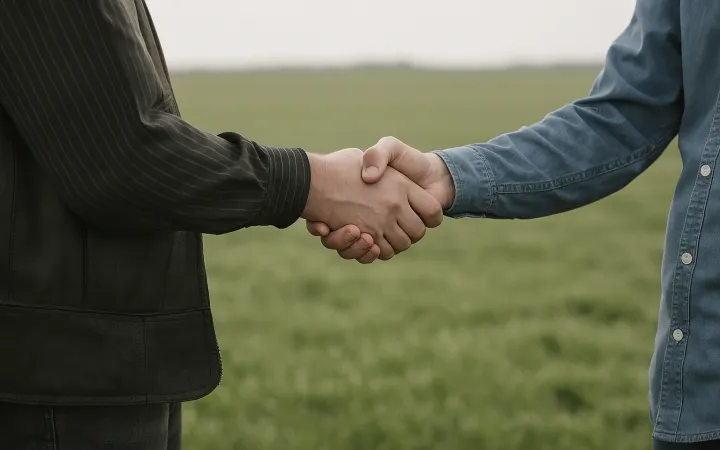 Zwei Bauern geben sich die Hände vor einem Feld