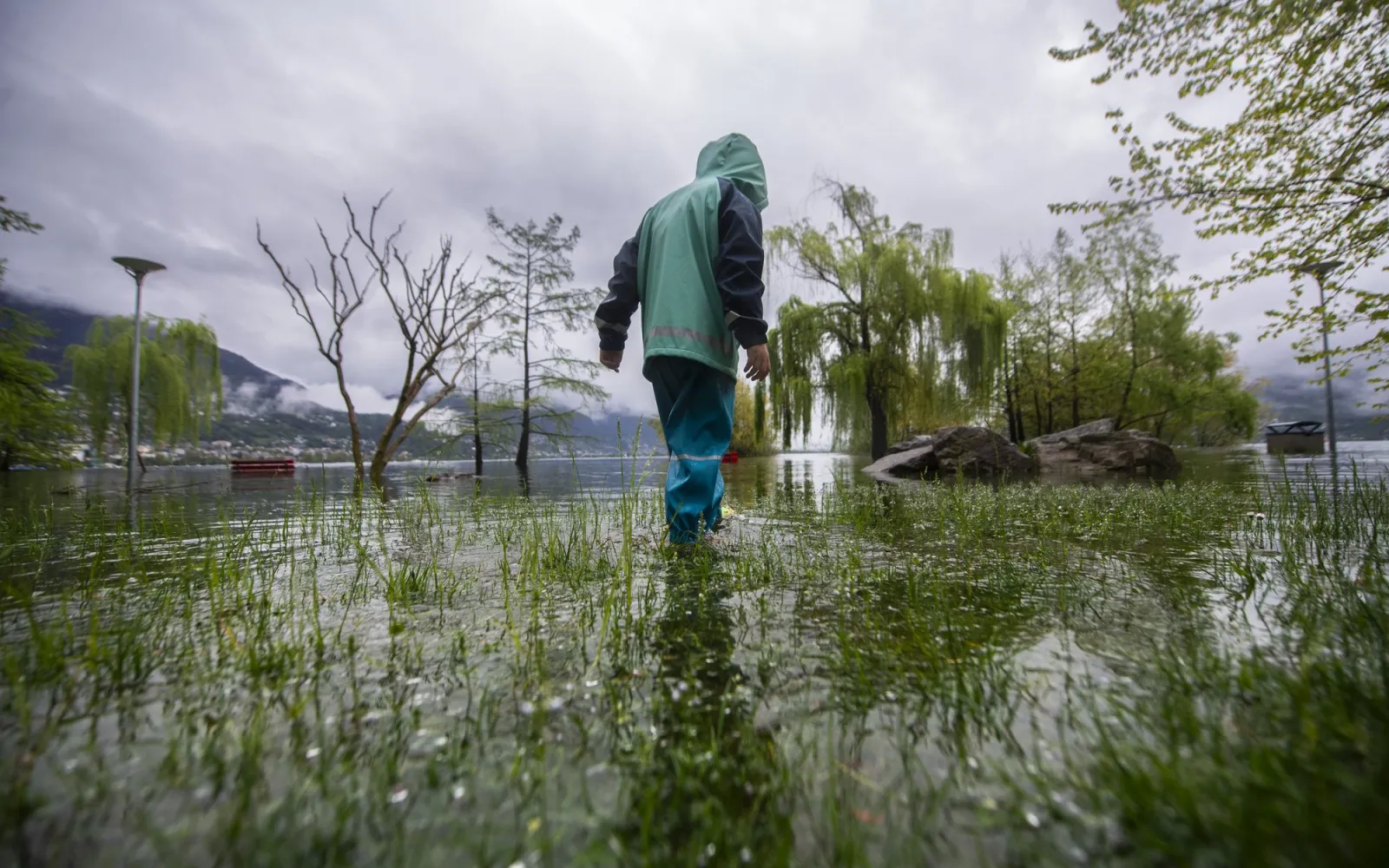 child walking through flooded shore of lake in locarno