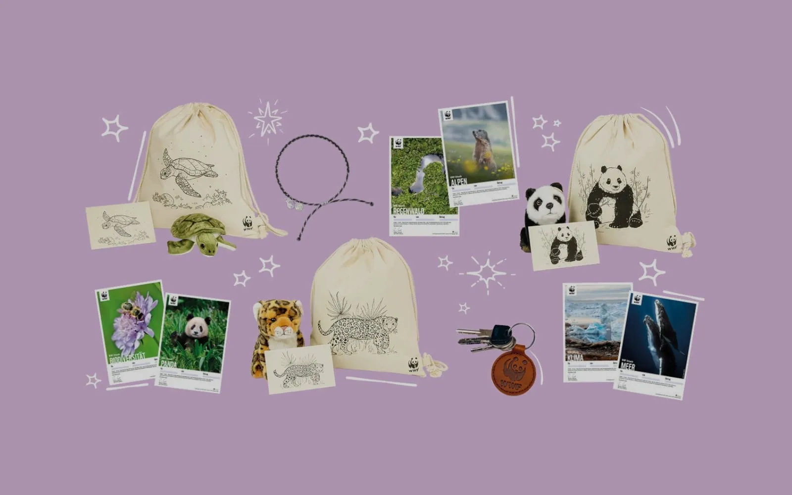 Diverse WWF Spenden-Shopprodukte auf violettem Hintergrund