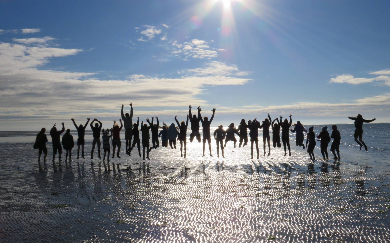 Menschen springen im Wattenmeer