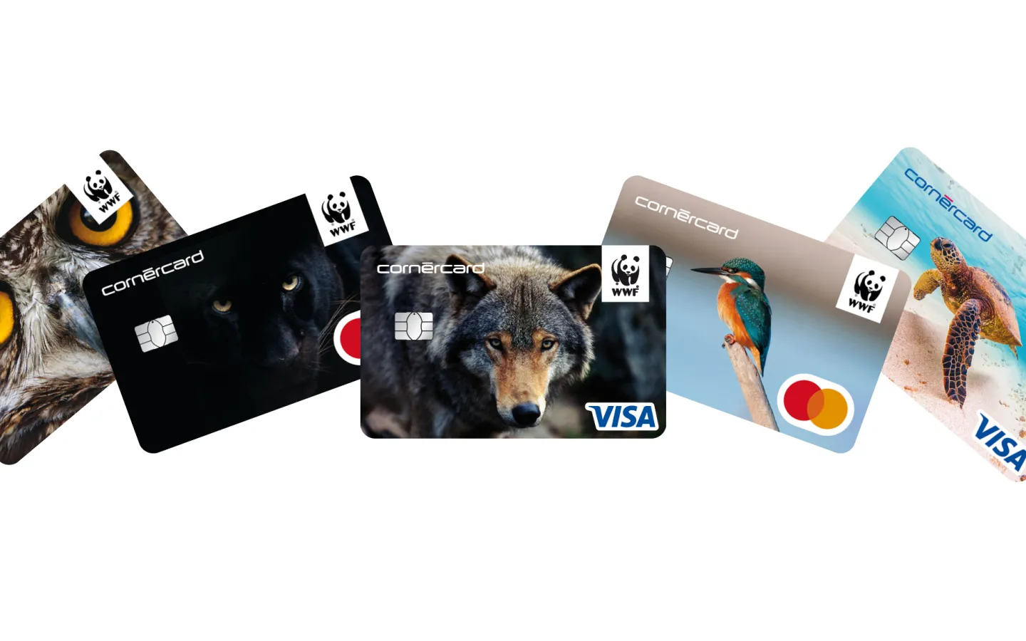 Fächer von fünf Cornercard-Kreditkarten mit Tiersujets