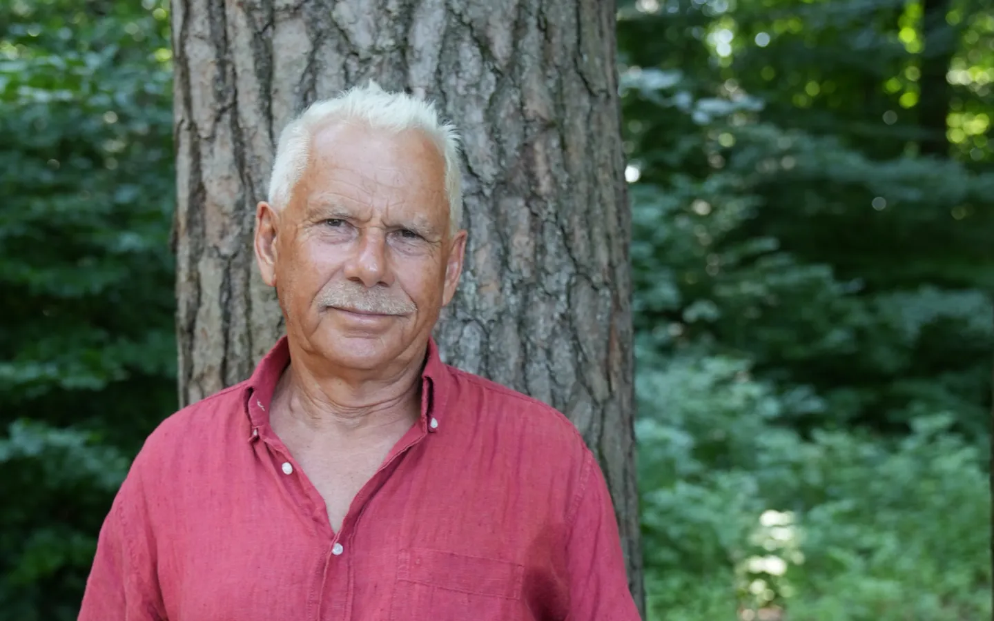 Portrait von Hans Vögeli vor einem Baum im Wald stehend