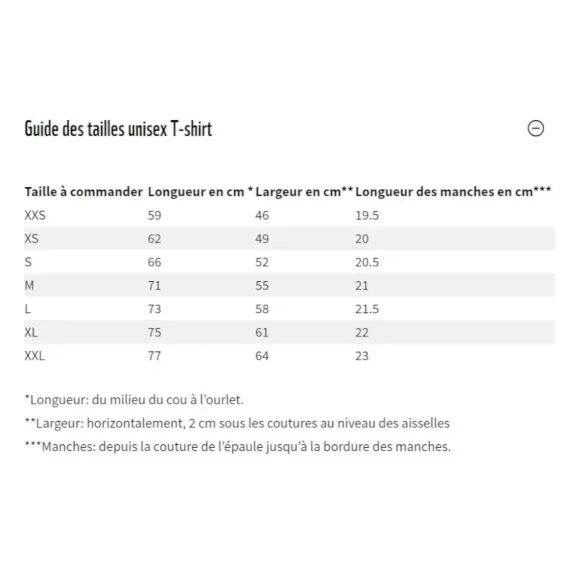 Guide des tailles unisex T-shirt