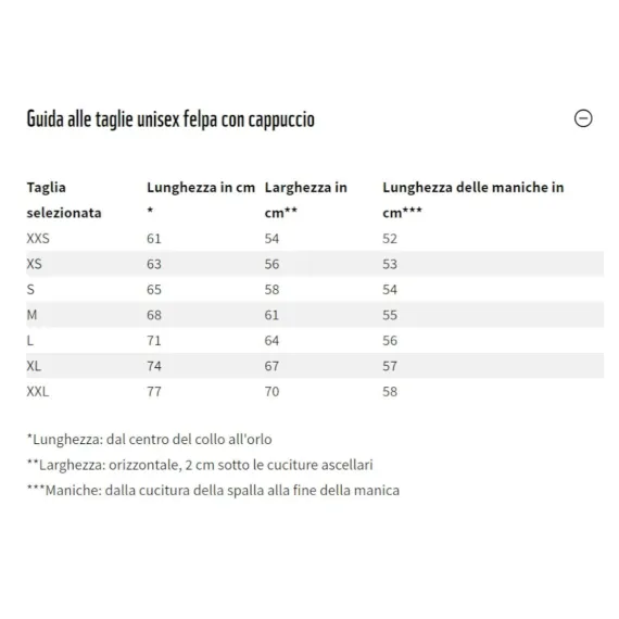 Guida alle taglie unisex felpa con cappuccio