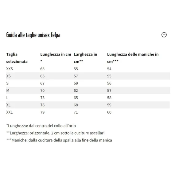 Guida alle taglie unisex felpa