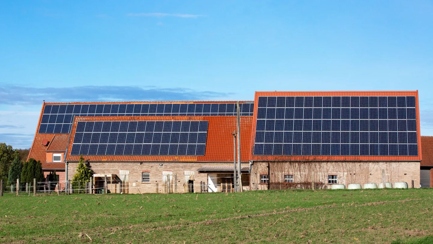 Photovoltaikmodule auf dem Dach von landwirtschaftlichen Gebäuden