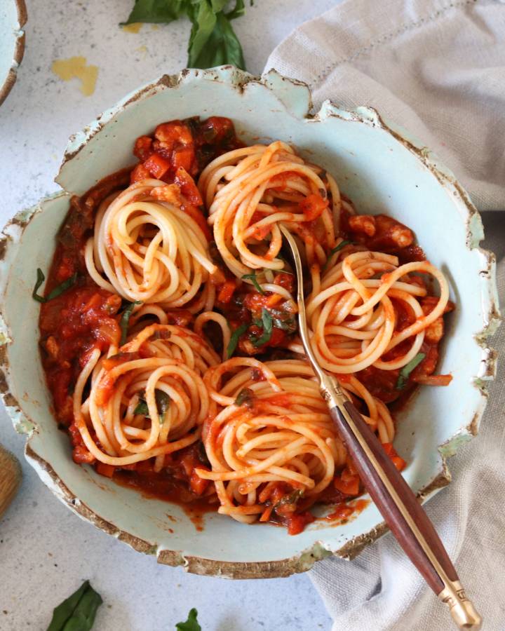 Bowl of spaghetti with vegan bolognese